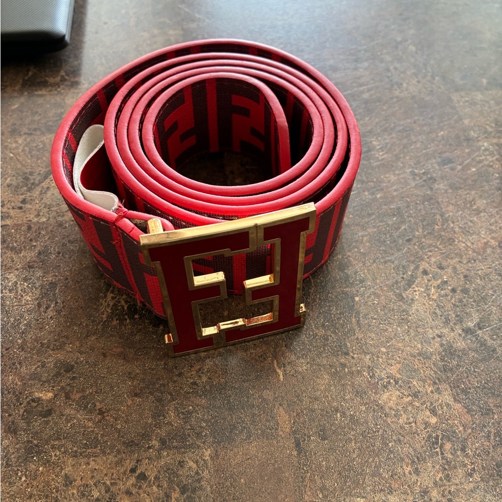 Fendi Red and Black Leather Belt with Gold Buckle